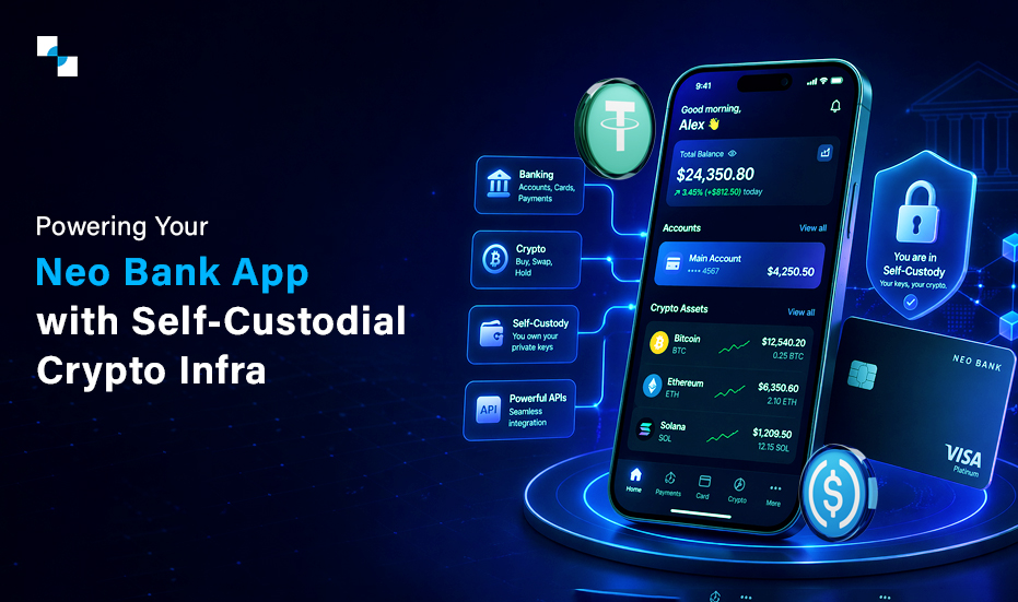 Neo Bank App Interface with Crypto Assets, Banking Features, and Self Custody Security